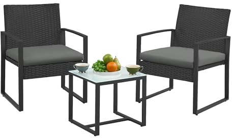 SONGMICS Balkonmöbel, Gartenmöbel-Set, aus PE-Polyrattan, Lounge-Set, Tisch und 2 Stühle, Terrassenmöbel, einfache Montage, Outdoor, für Terrasse, Balkon, Garten, schwarz-grau GGF010G05