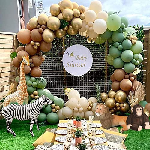 Ballon Girlande Grün,137Pcs Jungle Safari Luftballon Girlande Grün, Sage Green Braun und Metallic Gold Ballons, für Dschungel Baby Shower, Safari Geburtstagsdeko, Wild One Geburtstag Party