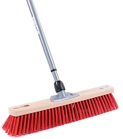 BawiTec Profi Straßenbesen, Kunststoff Borsten rot, 40cm Breit/Lang, mit Metall-Teleskopstiel verstellbar ausziehbar, Länge 100cm - 200cm, Besenstiel, Stabiler Besen Kehrbesen für draussen