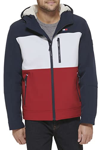 Tommy Hilfiger Men's Performance Filled Soft Shell Hooded Open Bottom Jacket with Full Sherpa Lining, Midnight/Ice/Red Combo, M