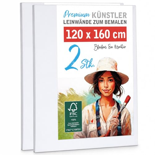 M MERCEO 2 Stück XXL Künstler-Leinwand Set zum Bemalen 120x160 cm – 100% Baumwolle 380 g/m², 2-fach grundiert – stabiler 37mm Keilrahmen für Acryl & Öl