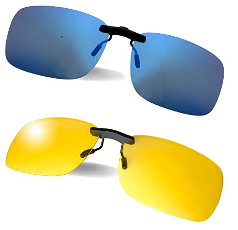 BLUE CUT 2 PACK Clip On Polarized Sunglasses Over Prescription Glasses With UV-400 Protection Lenses For Driving and Sports