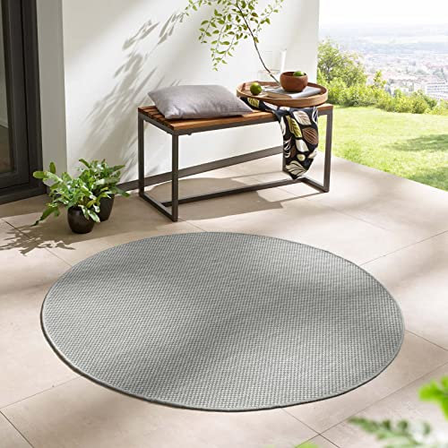 Taracarpet In- & Outdoor Teppich Wetterfest Wohnzimmer Balkon Küchenteppich Flachgewebe sisaloptik meliert Einfarbig Uni Silber grau 160x160 cm rund