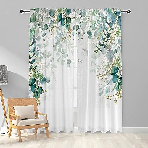 Gold Green Leaves Wohnzimmer Vorhänge 213,4 cm lang Blumenvorhänge Lichtfilterung thermisch isoliert weich für Esszimmer Retro Bauernhaus Blatt Vorhänge Heimdekoration Set mit 2 Paneelen Eukalyptus