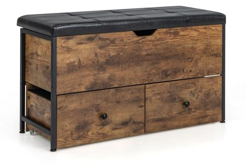 CASART Ottoman Storage Bench, Flip Top Storage Bench with Padded Cushion, Hidden Compartment & 2 Drawers, Industrial Shoe Bench Wooden Storage Chest for Bedroom Entryway Living Room