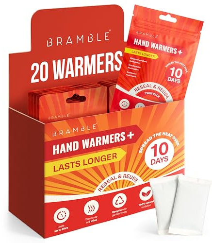 BRAMBLE 20 Handwärmer Wiederverwendbar (10 Doppelpackungen, 8 Stunden Wärme über 10 Tage) - Taschenwärmer Wärmepads für Golf, Wandern, Sport
