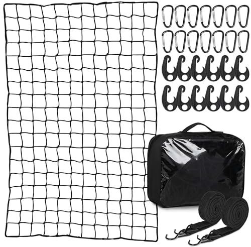 EFUTURETIME Rete da Carico Elastica Estensibile da 1,2 m x 1,8 m a 2,4 m x 3,6 m, Rete per Bagagliaio Auto con 12 Moschettoni, 12 Ganci, 2 Cinghie di Tensione con Ganci