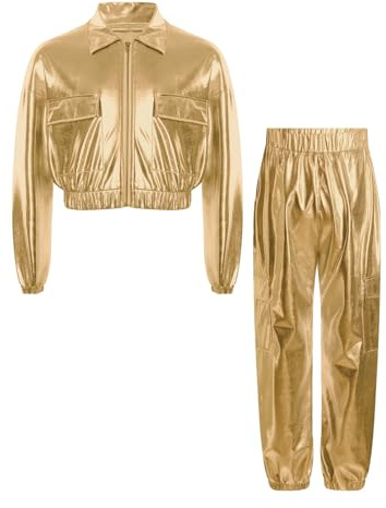 ranrann Unisexe Enfant Pantalon Métallique Brillant et Veste Ensemble Costume Disco Danse Moderne Jazz Hip Hop pour Garçon Fille