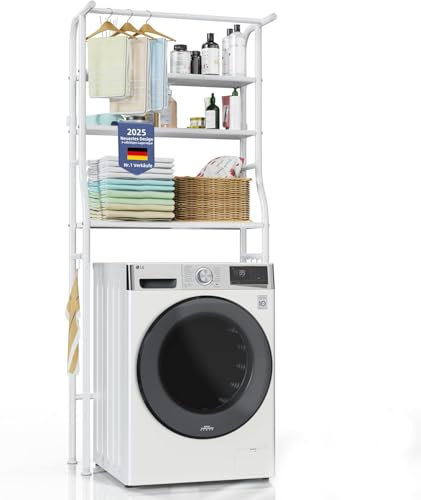 Kiseely Waschmaschinenregal Toilettenregal Badezimmerregal mit 3 Ablagen, platzsparendes Regal über der Toilette, multifunktional, stark belastbar, Hängeregal (Weißes Metall KO4)