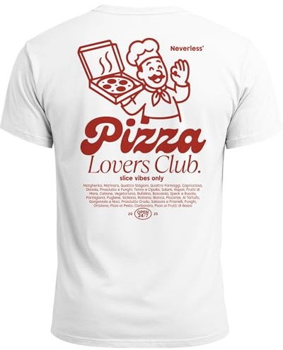 Neverless® Herren T-Shirt Backprint Pizza Lovers Club Printshirt Grafikshirt Fashion Streetstyle Baumwolle Weiss M