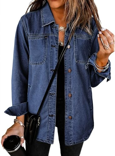 Roskiky Vestes en jean pour femme Jean Shacket avec poche, M