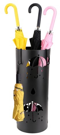 CEYAZYE Iron Umbrella Stand with Hooks, Umbrella Holder for Entryway, Free Standing Round Organizer Rack Storage Bin for Can Walking Stick and Home Office Hotel Supermarket Decor Black