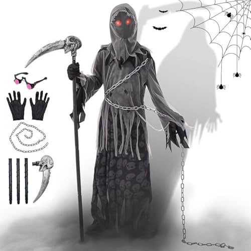 PASLFC Sensenmann Kostüm Leuchtend, Halloween Kostüm, Sensenmann Kapuze mit Sense Masken Handschuhe Kostüm Gruselige für Halloween Dekoration Cosplay und Horror-Partys.
