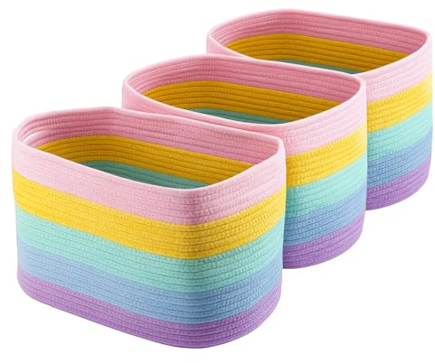 GreenWhim 3 Pack Cotton Rope Storage Baskets Woven Organiser Bins for Shelves, Bathroom or Nursery, Fabric Baskets for Toys, Towels, Books, Laundry, Living Room Décor