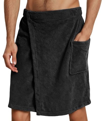 Falda Hombre Toalla de Sauna Kilt Hombre de Sauna de Tela Esponja Salida de Baño Hombres de Bolsillo Toallas de Baño para Gimnasio y Piscina Toalla de Ducha Gran Tamaño Albornoces Gris Negro