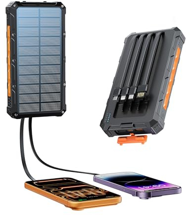Solar-Charger-Power-Bank - 20000mah Solar Powered Battery Charger Cell Phone,20W Fast Charging Built in Cables,Camping Essentials Portable External Battery Pack Compatible with Multiple Devices