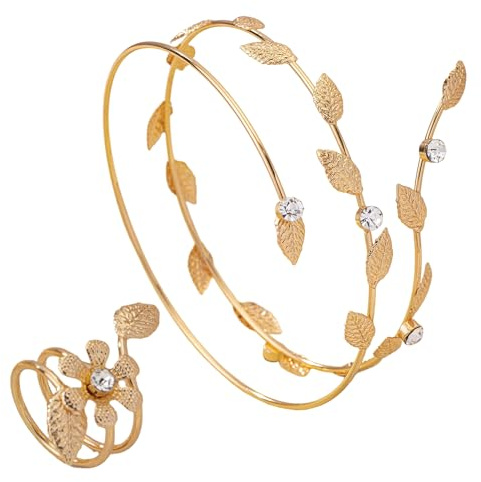 NoctisNest Gold Arm Cuff with Ring, 2 Pcs Leaves Open Upper Arm Bracelet and Ring with Rhinestones, Adjustable Metal Goddess Armband Jewelry Set for Women Luxe Bridal Wedding Party Prom Accessories