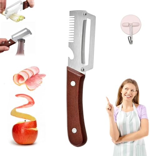 Pelatore Da Cucina Multifunzionale 3 in 1, Pelatore Di Frutta Multifunzione, Coltello Pelapatate in Acciaio Inox con Manico in Legno Ergonomico, Taglia Verdure Julienne e Apribottiglie (1)