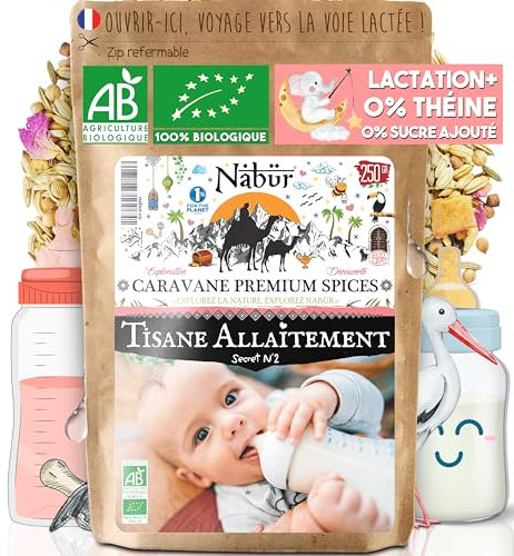 Nabür - Tisane Allaitement Secret N°2 BIO 250gr Booster 5-en-1 Fenouil, Carvi, Coriandre, Pomme, Rose Tisane bébé, Lactation, Coliques, 0% théine