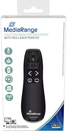 MediaRange Funk-Präsentationsfernbedienung mit 5 Tasten und rotem Laserpointer, kabelloser Presenter mit USB Empfänger, Sendereichweite bis 15m, für professionelle Vorträge & Präsentationen