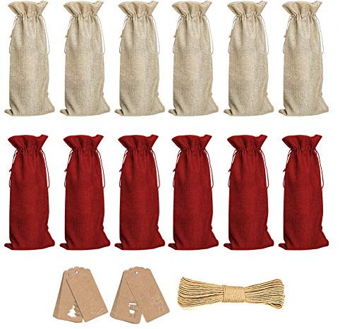 12pcs Burlap Wine Gift Bags with Tags and Ropes Christmas Wine Single Bottle Bags for Gifts Drawstring Xmas Gift Bags for Bottles Wine Bottle Covers Bags for Dinner Table Decor