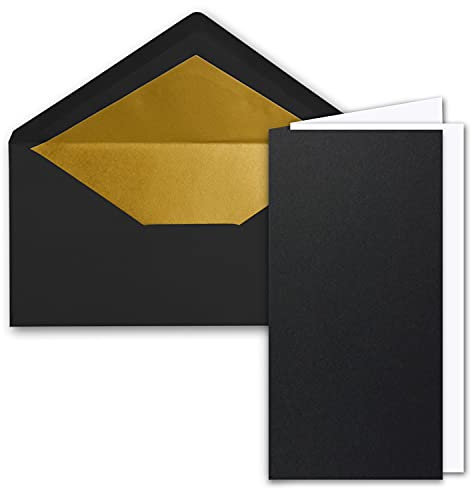 10x Faltkarten-Set DIN Lang inkl. Briefumschlägen mit goldenem Seidenfutter und weißen Einlegeblättern in Schwarz - 10,5 x 21 cm - für Einladungen und Grußkarten