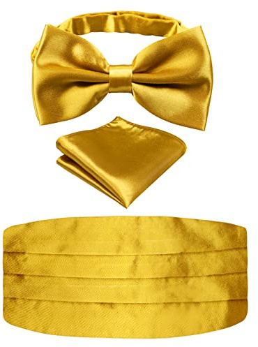 Alizeal Mens Solid Pre-tied Party Adjustable Bow Tie, Cummerbund and Pocket Square Gift Set, Golden