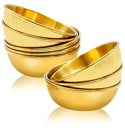 Hoypeyfiy 8 Pack 9cm Stainless Steel Sauce Dishes 4.3oz Mini Individual Sauces Bowl Round Seasoning Food Dipping Bowls Dishes Appetizer Plates for Home Restaurant (Gold)