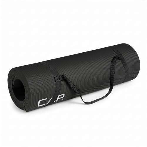 CAP Barbell Yoga Mat 1/2 Thick with Carrying Strap - High Density Exercise Mat for Yoga, Pilates, Stretching, Floor & Fitness Workouts - 68''x24''x1/2 | Black