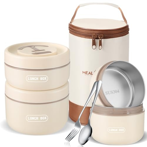 Dandat 3 Pcs Portable Insulated Lunch Container Set for Adult, Stackable Stainless Steel Bento Box for Hot Food with Insulated Lunch Bag Unisex 3 Separate Thermal Food Container(Beige,Round)