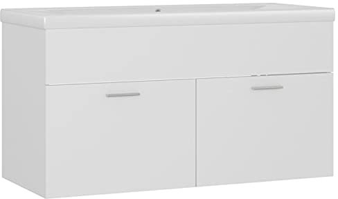 Gecheer Mueble de baño, suspendido, con lavabo, integrado, multicapa, blanco, 90 cm, mueble bajo lavabo suspendido moderno, armario bajo lavabo suspendido moderno con lavabo blanco