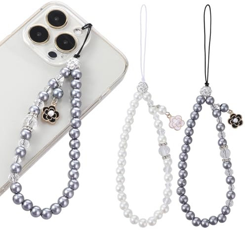 TIESOME 2 Stück Handykette Perlen, Universale Handy Kette Chain Handykette Perlen Perlenkette Handyanhänge Handschlaufe ohne Hülle für Smartphone glänzende Kristallperlen Handgelenk Lanyard