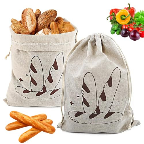 2 Pièce Sacs à Pain en Lin, Sac à Pain avec Cordon, 40 cm × 30 cm Sacs de Rangement pour Pain, Sac à Pain Coton Lin Réutilisables pour la Cuisson du Pain, Fruits, Légumes