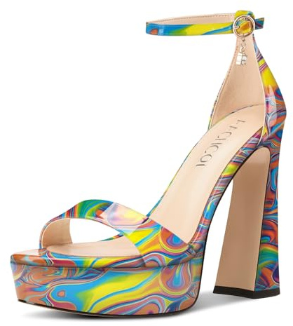 Aachcol Femmes Plate-forme Chunky Haut High Talon Heels Ouvert Bout Lanières Cheville Bloc Heeled Sandales Danse Sexy Dress Chaussures 13 CM Heels Graffiti coloré 39 EU