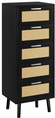 IBUYKE Kommode mit Schubladen, Rattan kleiderschrank mit 5 Schubladen, Holz Aufbewahrungsschrank, Böhmische Schrank für Schlafzimmer Wohnzimmer Flur, Schwarz WST010B