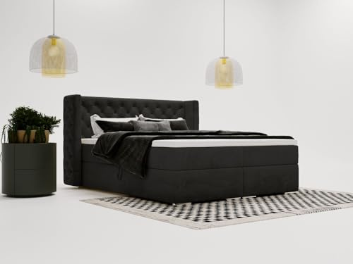 GRAINGOLD Lion Lit 160x200, Boxspring avec Coffre de Rangement, Rembourré avec Matelas à Ressorts Bonell, Lit Double, Tissu en Velours, avec Surmatelas, avec Tête de Lit (Noir, 160x200)