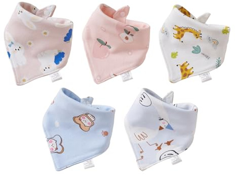 poraceous 5 Unidades Babero para Bebé Triangular de Muselina, 100% Algodón Transpirable Pañuelo Triangular, Ajustable Bebe Recien Nacido Algodón Niña Niño Suave Absorbente Baberos Drool