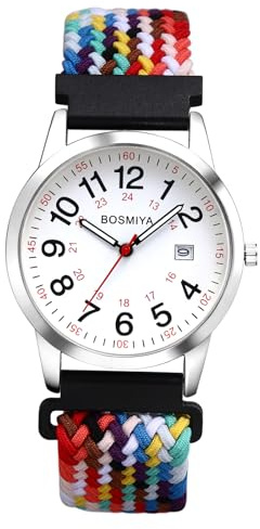 OIDEA Damen Armbanduhr aus Nylon 12/24H: Stilvoll Bunt Armband Analog Quarz mit Großer Arabischer Zifferblatt Uhr Datum im 24-Stunden-Format Geschenk für Frauen Freundin