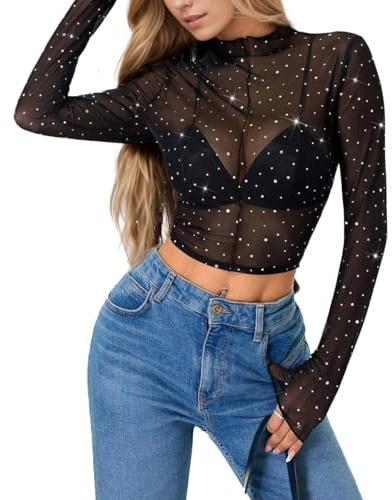 EMOTTOS Camiseta de Encaje con Lentejuelas para Mujer, Top Corto Sexy con Cuello Redondo Estilo Y2K, Camiseta de Manga Larga Transparente, Ropa de Verano para Fiestas en Discotecas, Negro, Tallas S-L