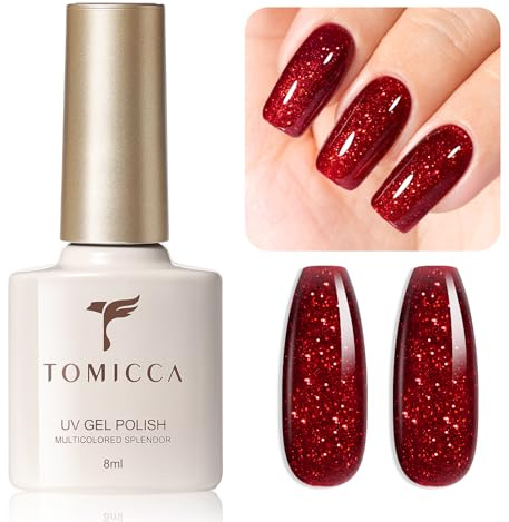 TOMICCA UV Nagellack Glitter Dunkelrot,UV/LED Soak-Off Gel Nail Polish Nail Art Salon DIY Home, 8ML