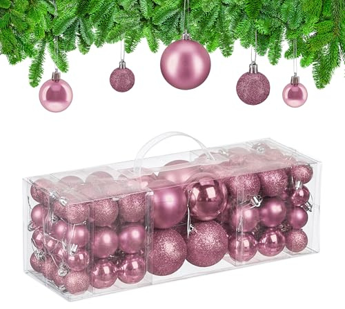 Relaxdays Weihnachtskugeln im 76er Set, Kunststoff, glitzernde, Matte, glänzende Baumkugeln, Christbaumschmuck, rosa