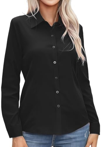 GWAWG Camisa de Mujer con Botones de Manga Larga Casual Negra Estilo Básico Suitable for Office Business Mujer., Negro , XL