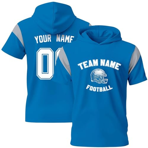 Maillot Personnalisé pour Hommes Femmes Jeunes Préscolaires Oversize Rugby Sport T-Shirts avec Capuche Personnalisable Football Américain Maillots avec Logo Nom et Numéro Bleu Ciel