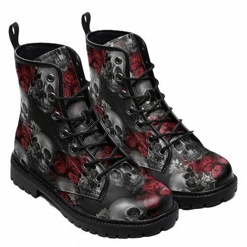 FQLGJMY Bottines Pour Femmes Gothique Motif Tête de Mort Fleurs Roses et Flammes Lacets Cuir Céger Plateforme Bout Rond, parfaites Jeans Robes Mode Décontractée Au Quotidien Voyages Soirées