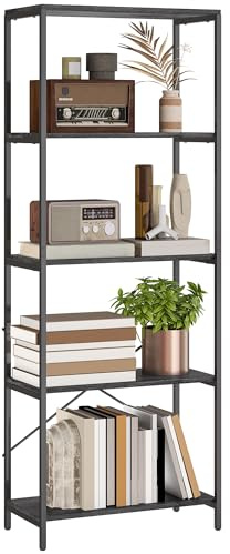 HOMCOM 5-Tier Bookshelf, Industrial Bookcase, Floor Standing Book Shelf with Metal Frame, Wide Storage Rack for Living Room, Home Office and Bedroom, 79 x 35 x 161 cm, Dark Grey and Black