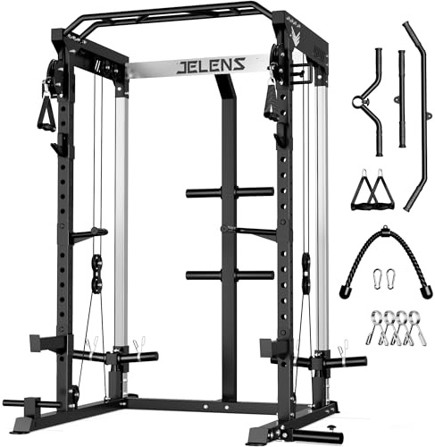 JELENS C21 Power Cage, 2000LBS Multi-Function Power Rack with Independent Dual Pulley System, All-in-One Squat Rack for Cable Crossover, Home Gym Workout Machine (Black, C21 Power Cage)