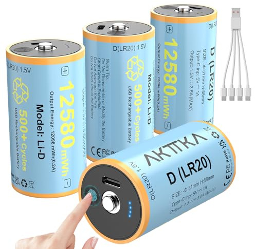 AKTTKA 4 batterie ricaricabili 1,5 V Li-ION D/LR20 12580 mWh, ricarica diretta USB-C 5 V/1 A, cavo USB-C 4 in 1, display touch del livello, per campeggio, torce, radio, illuminazione di emergenza