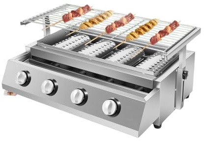 Mqwdxzfes Gril à gaz à 4 brûleurs en acier inoxydable - Barbecue de table électronique portable réglable en hauteur - 2800 Pa LPG - Pour camping, balcon, jardin - 57 x 39 x 17,5 cm