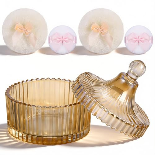 4 borlas de polvo con caja de polvo de cristal, borla con lata para mujeres, niñas, tocador, viaje y como regalo