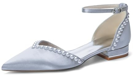 Generico Scarpe Sposa Donna in Raso con Perle Punta Affusolata Tacco Basso Largo Cinturino alla Caviglia Scarpe da Matrimonio Eleganti,Argento,43 EU